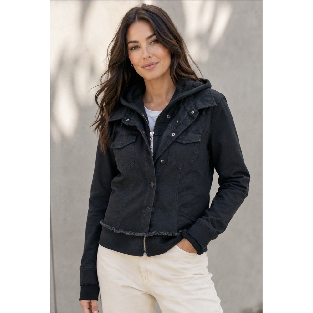 Peace Love World Black Edgy Hooded Jacket Urban Streetwear Raw Hem Fleece M